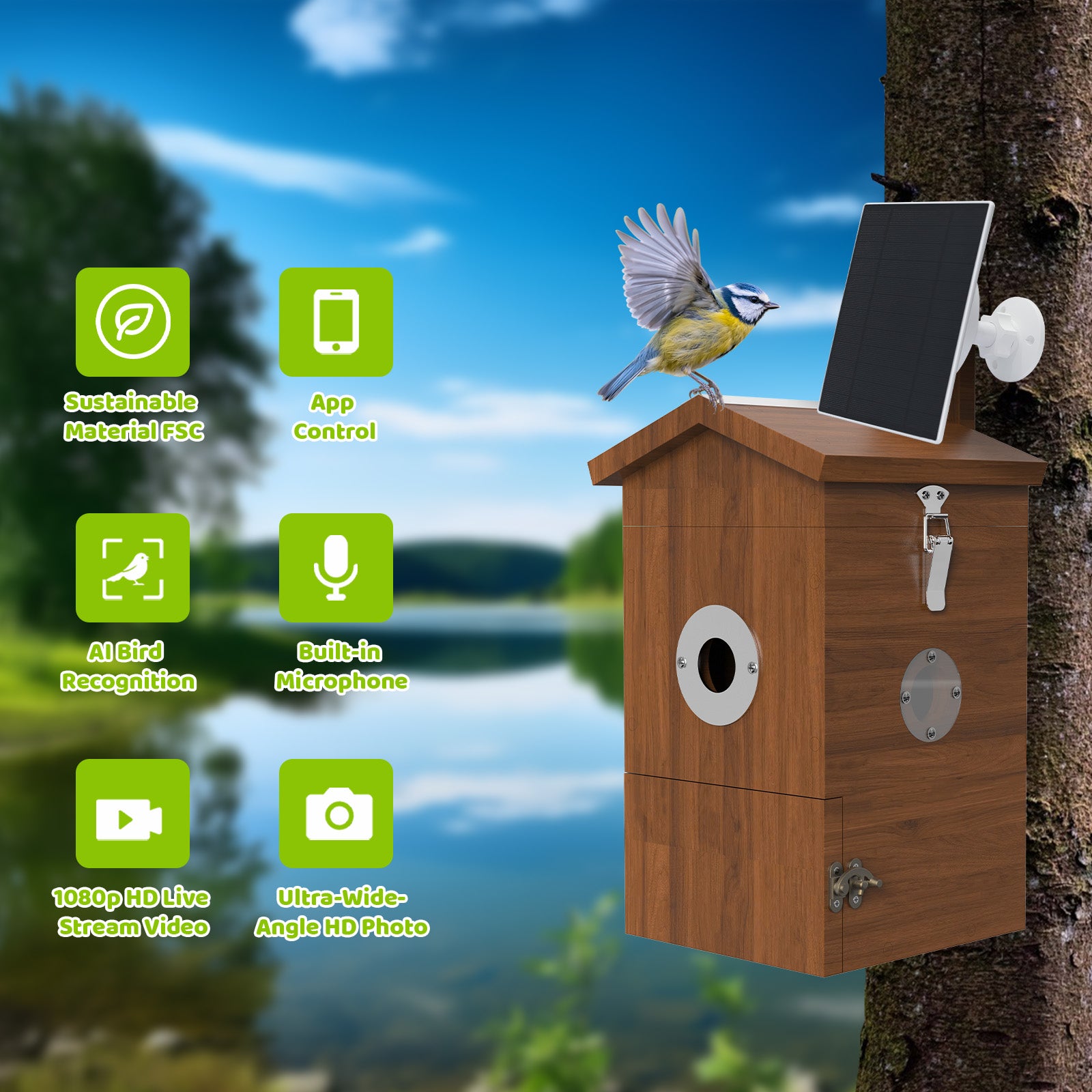 Vogelhaus aus Holz mit Solarpanel am Baum; Vogel sitzt auf dem Dach, Hintergrundsee. Links grüne Icons zeigen Features wie AI Bird Recognition, App Control, Built-in Microphone, 1080p HD Live Stream Video, Ultra-Wide Angle HD Photo, Sustainable Material FSC.