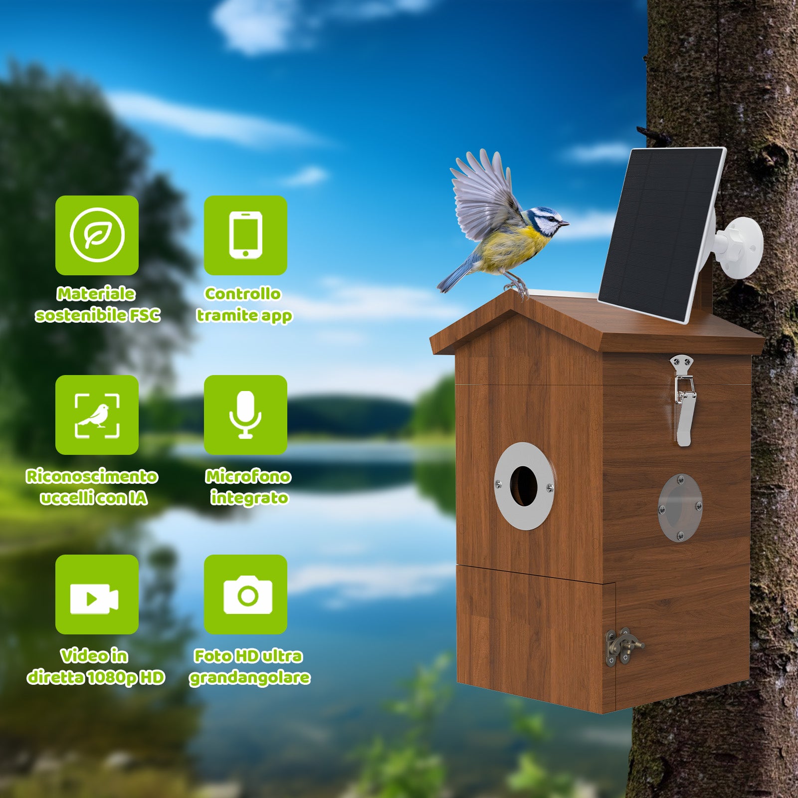 Holz-Vogelhaus mit Solarpanel am Baum vor See und Wald; grüne Icons zeigen FSC-Material, App-Steuerung, KI-Vogelkennung, integriertes Mikrofon, 1080p Live-Video und Ultra-Weitwinkel-Foto.