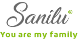 Logo der Marke Sanilu mit dem Schriftzug 'Sanilu' in Graustufen und dem grünen Untertitel 'You are my family'