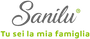 Logo des Markenzeichens Sanilu: grauer Script-Schriftzug „Sanilu“ mit limegrünem Slogan „Tu sei la mia famiglia“.